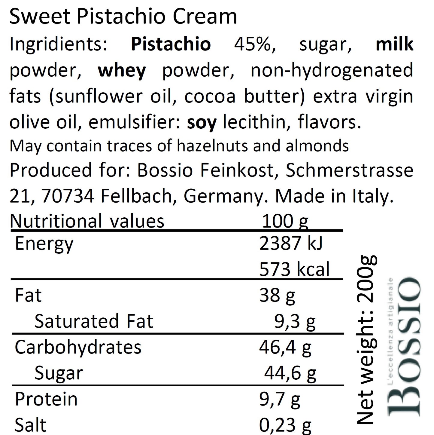 Bossio Feinkost Pistaziencreme 200g